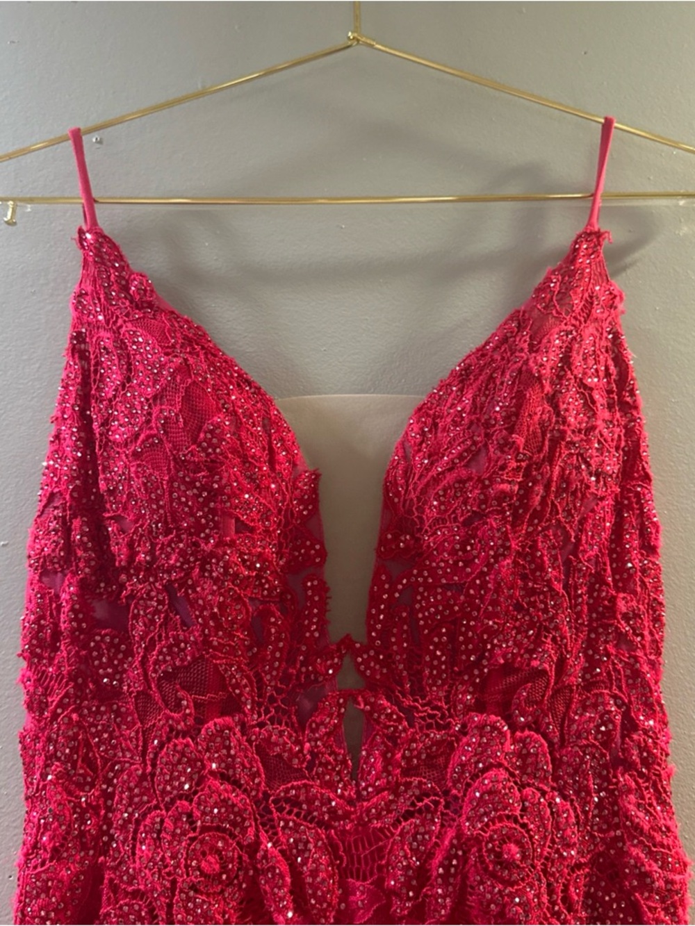 Clarisse Red Lace Beaded Spaghetti Strap Prom Gown - Picture 3 of 7